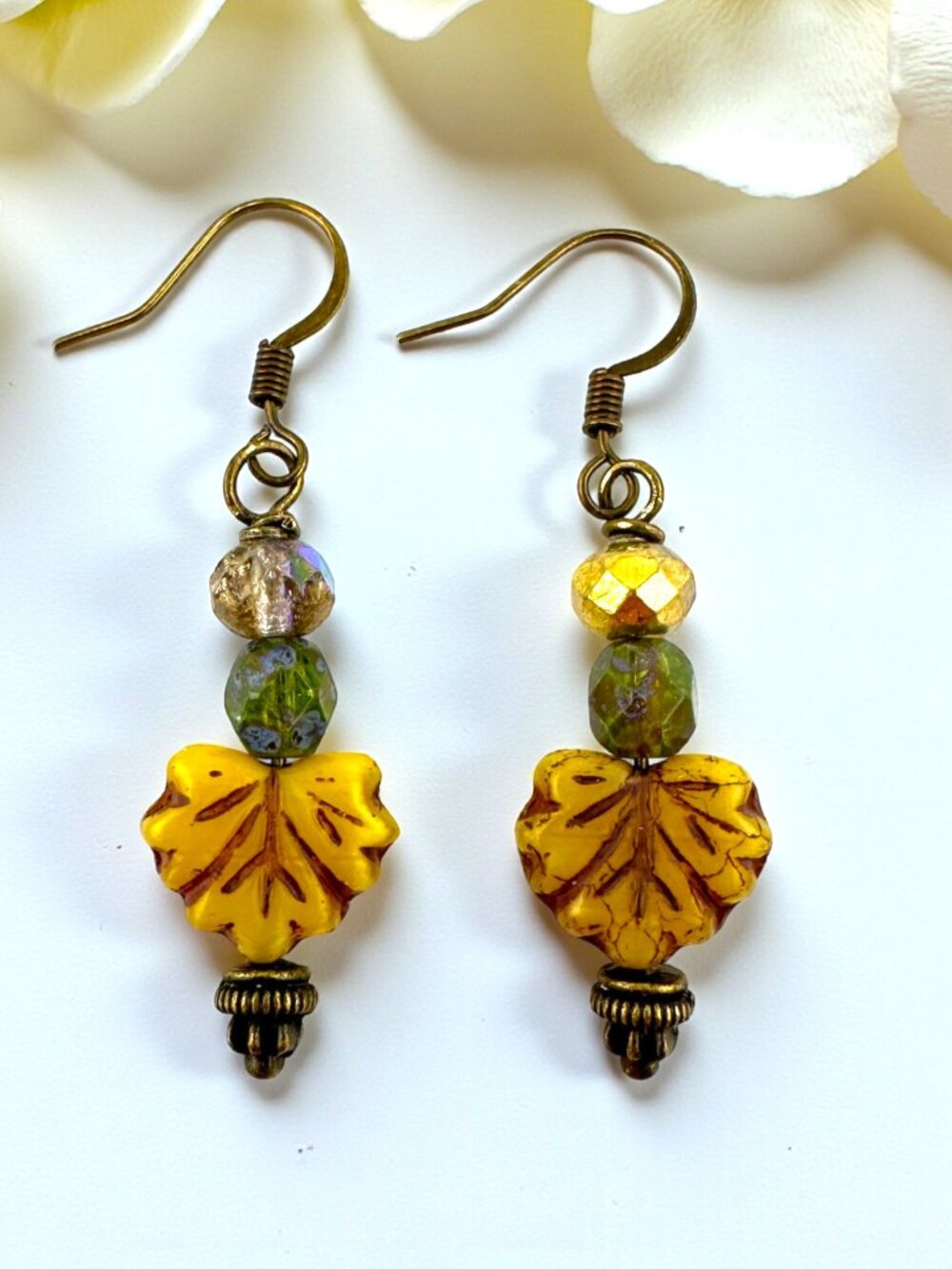 Czech Glass Maple Leaf Earrings Yellow Leaves Copper Dangle 2" Boho Cottagecore
